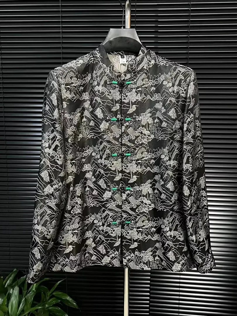 

New Men's Spring Autumn Tang Suit irt Buttoned National Trend Versatile High-End Personalized Haome Long Sve Casual