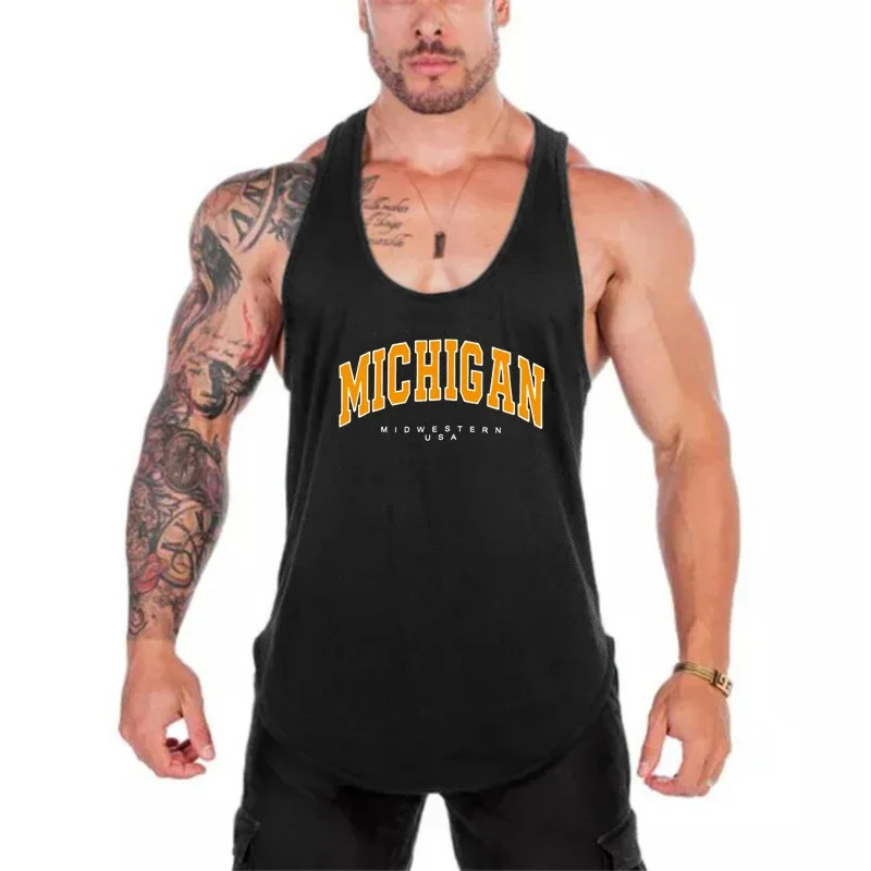 Michigan Midwestern USA Print Gym Clothing Mesh Fitness Tank Top Men Bodybuilding Sleeveless Shirt Y-Back Workout Stringer Vests