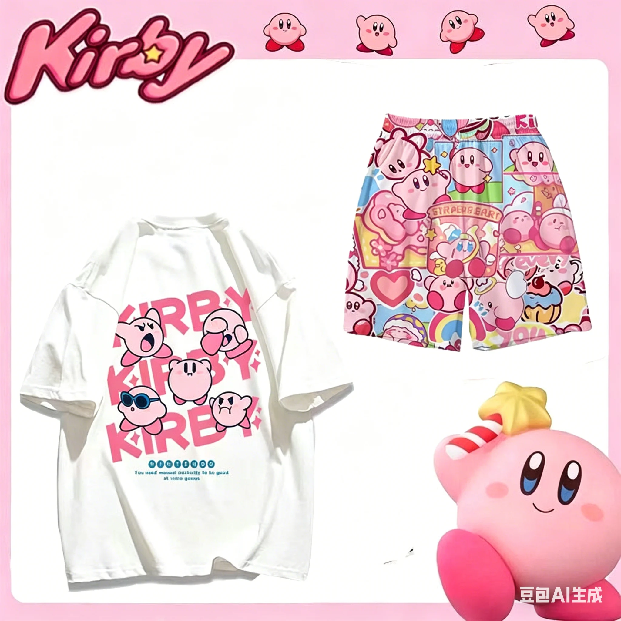 Dopamine Star Kirby Adult and Children 3D Printed Short Sleeve and Shorts Couple Style / Parent-Child Casual Two-Piece Set