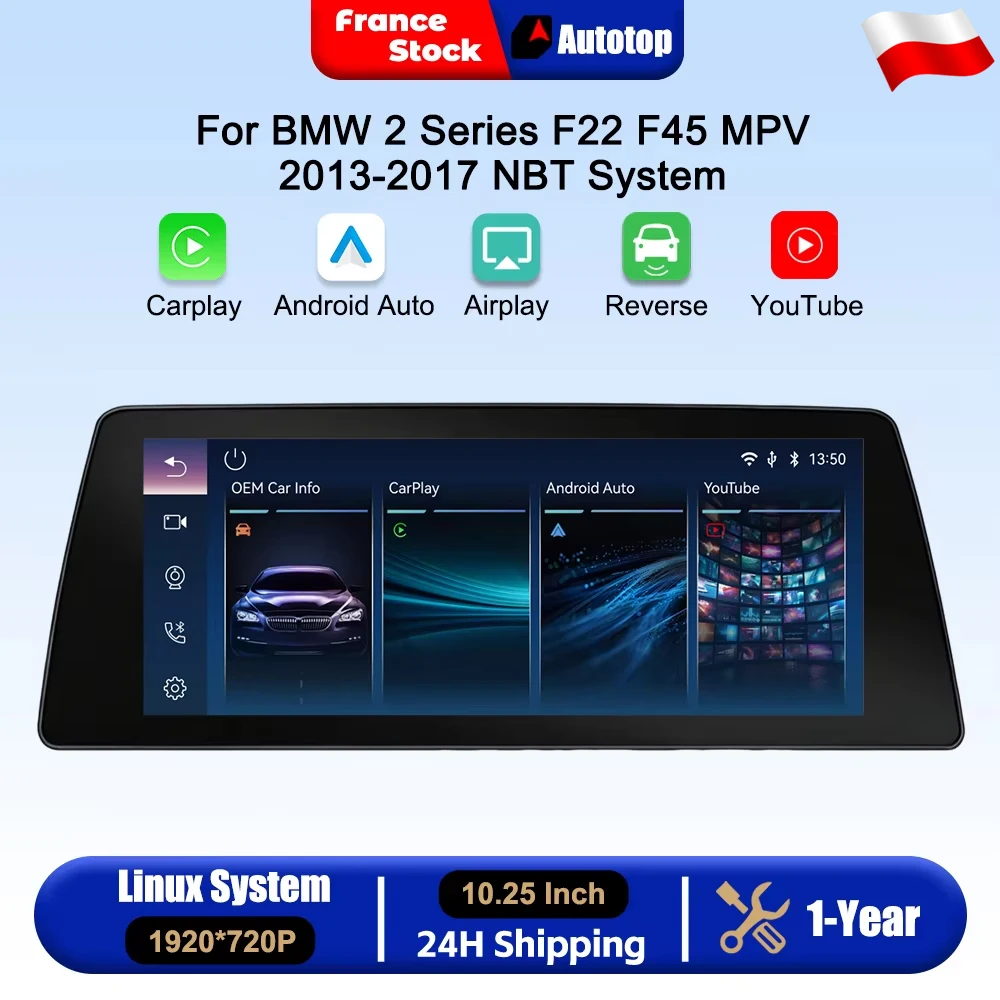 10,25-calowe bezprzewodowe radio samochodowe z CarPlay i Android Auto do BMW serii 2 F22 F45 MPV 2013-2017 z systemem NBT, multimedialnym odtwarzaczem wideo, ekranem dotykowym z systemem Linux,