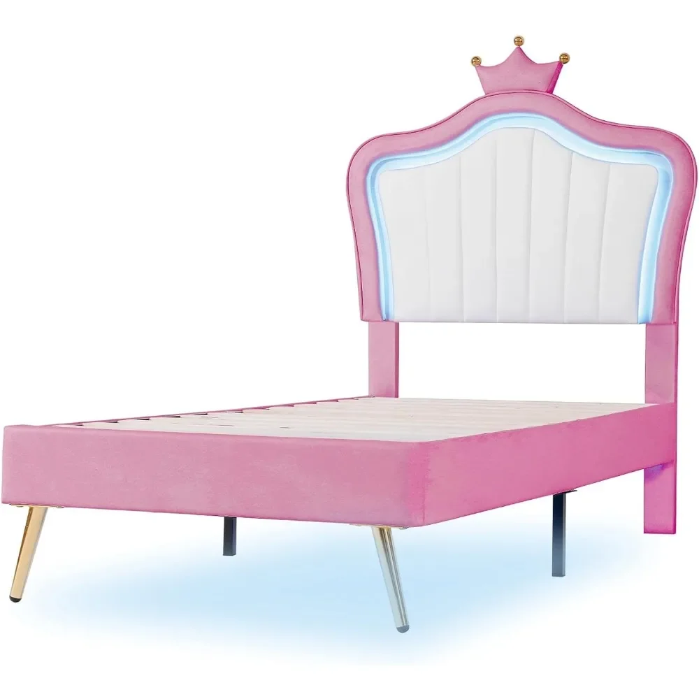 Twin Size Upholstered Princess Bed, Platform Bed Frame with Adjustable Crown Shaped Headboard and LED Lights