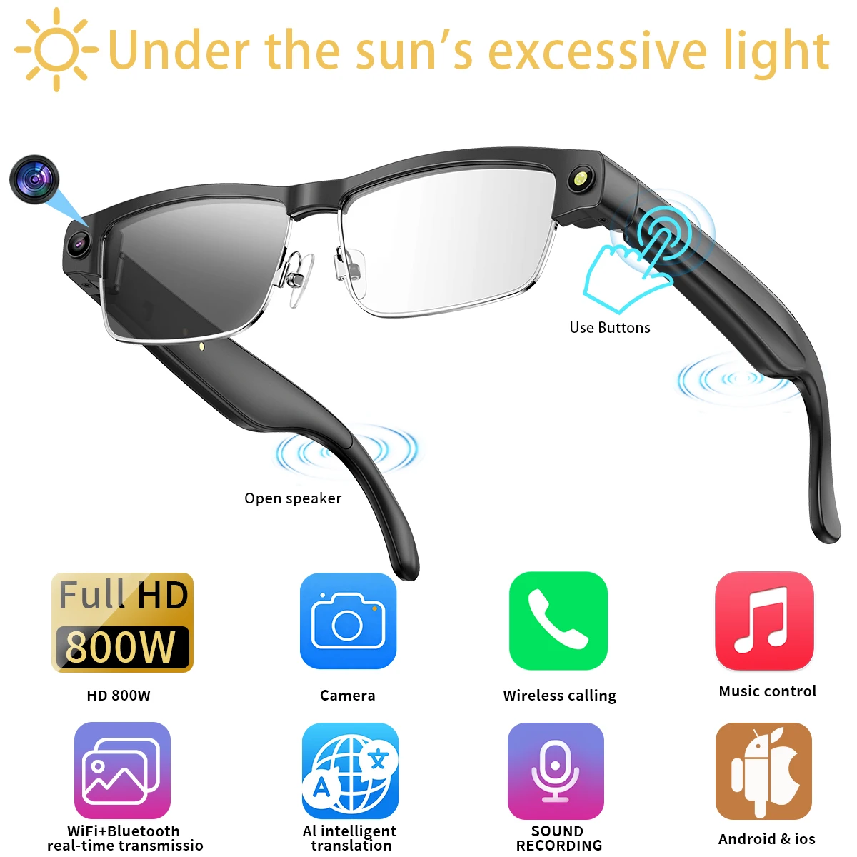 Smart AI Glasses 800W Camera Recording Videos 270mAh Photo Recognition Answer Translation Bluetooth Call Sunglasses Waterproof