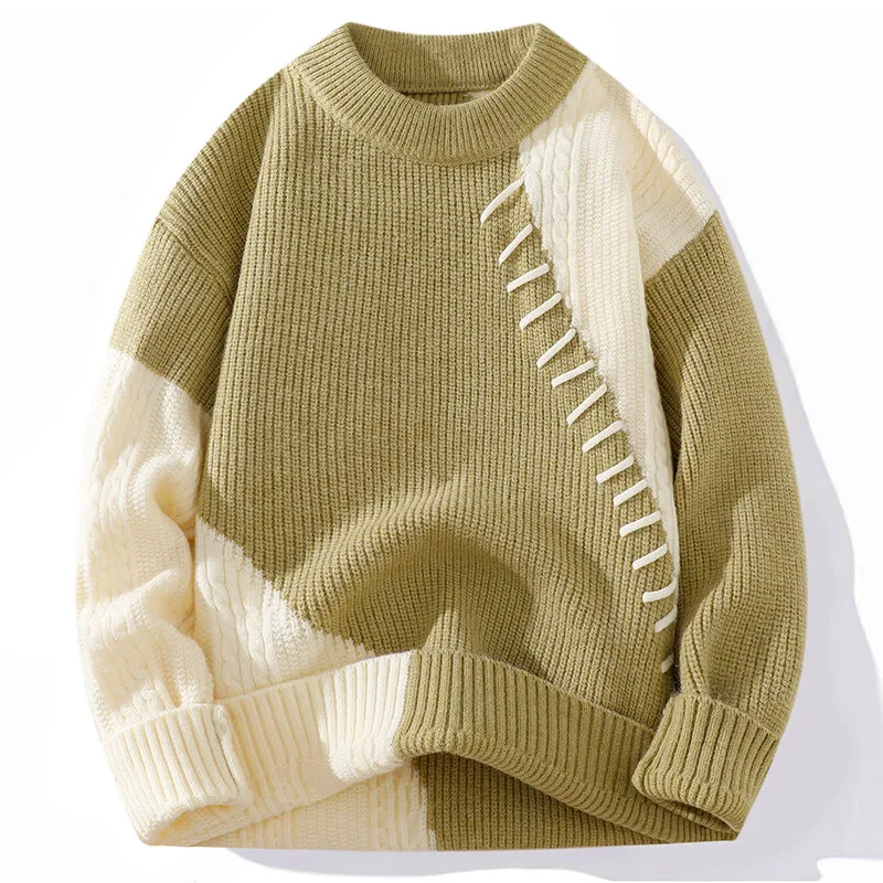 

Men's Knitted Sweater Round Neck Color Matching Thick Casual Sweater Autumn Winter Warm Bottoming Pullover