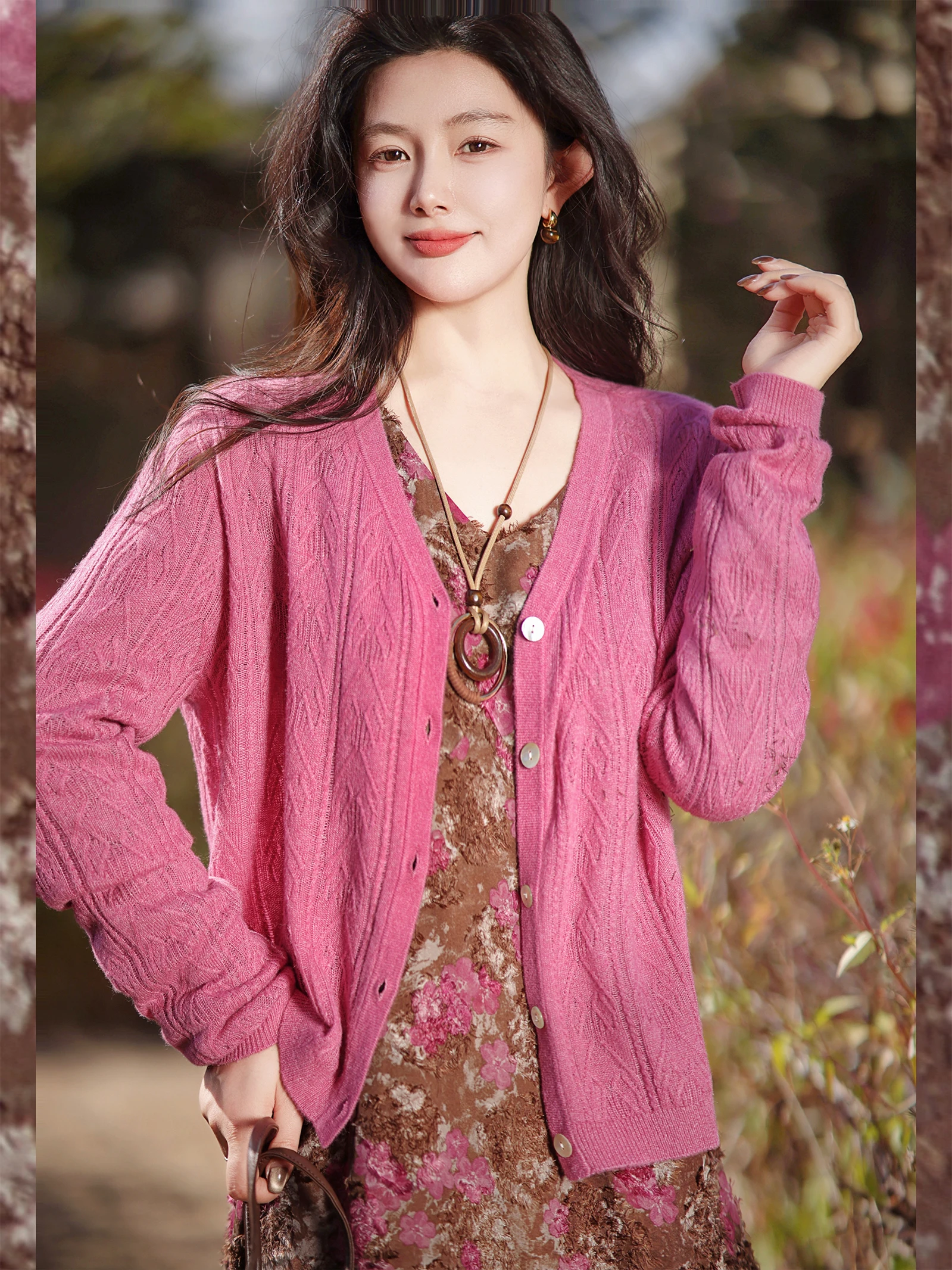 

Zhaodaxi Rose Silk Knitted Cardigan Sweater Simple Commute Sle Long Sve Overhead New 2025 Spring Faion Women's Wear