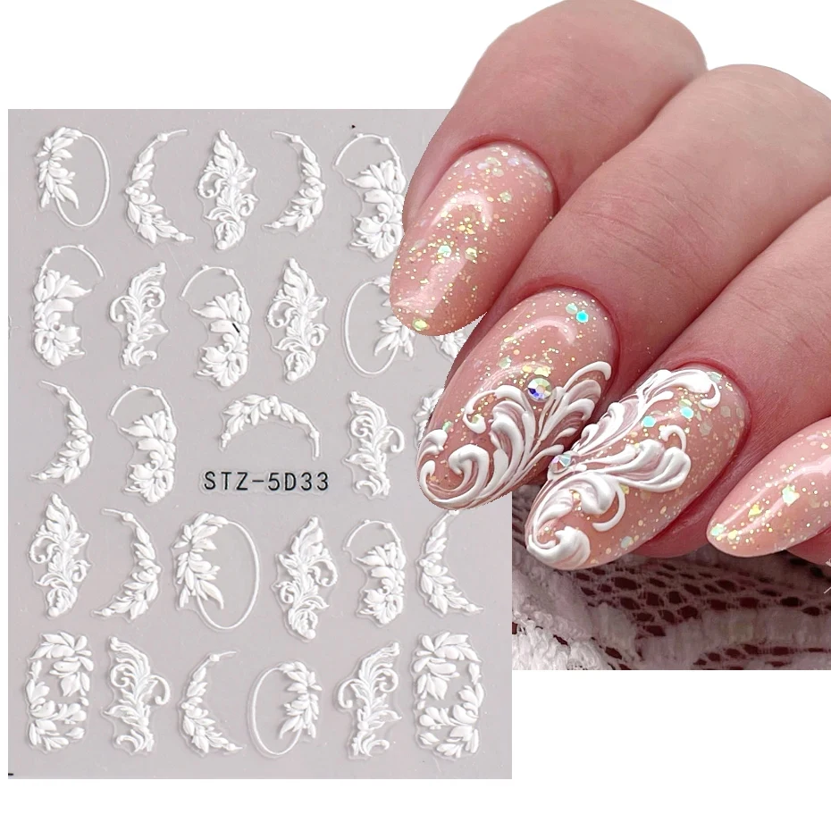 5D Simple Flowers Nail Embossed Stickers Elegant Wedding Design Adhesive Sliders Floral Textured Engraved Decoration Supplies images - 6