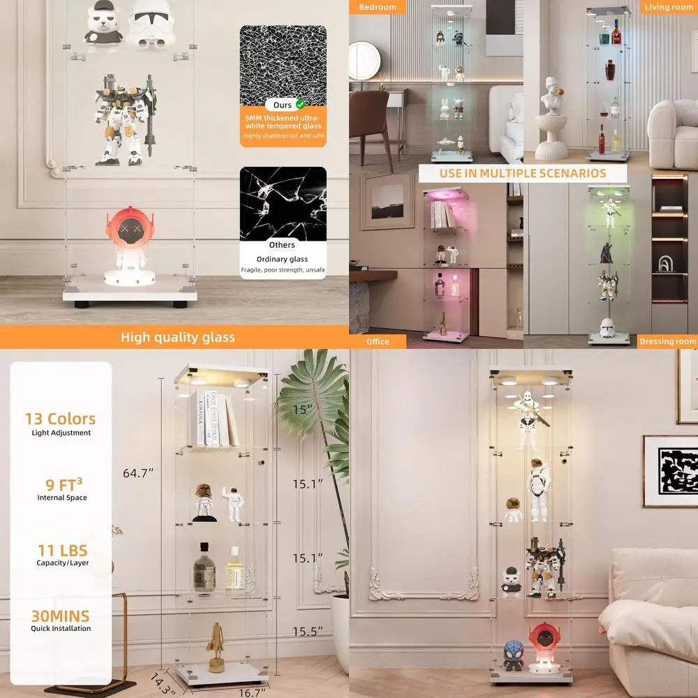 

LED-Illuminated 4-Shelf Glass Display Cabinet with Lock, 65x17x14.5 White Curio Showcase for Home