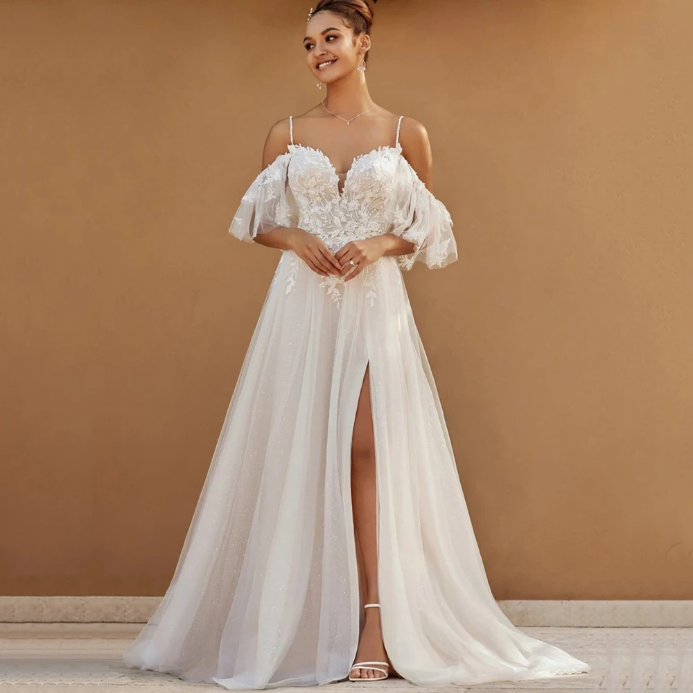 Welove Bride Side Slit A-Line Wedding Dress Spaghetti Straps Off the Shoulder Short Sleeves Tulle Applique Floor Length Gowns