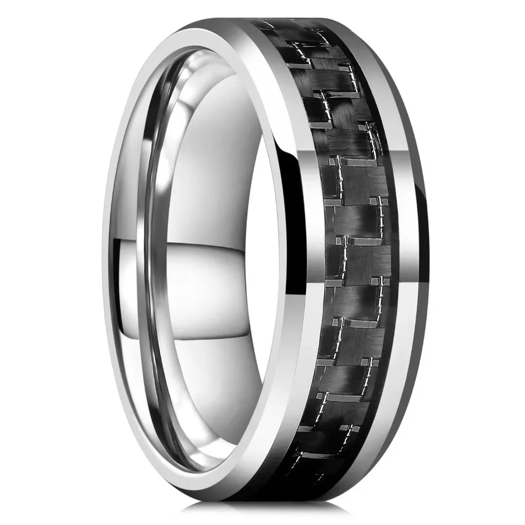 Fashion Silver Color Stainless Steel Rings for Men Black Carbon Fiber Ring Wedding Jewelry Christmas Gift Accessories