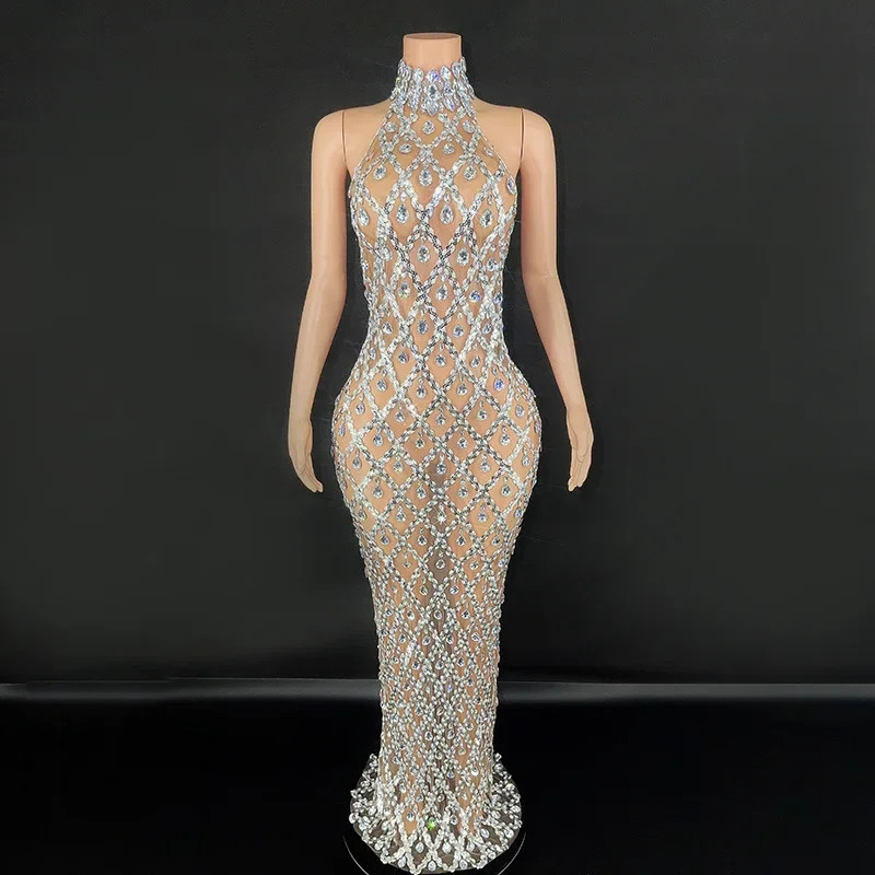 

Sexy Sparkly Rhinestone Dress Women's Evening Show Bar Host Halter Fishtail Dresses