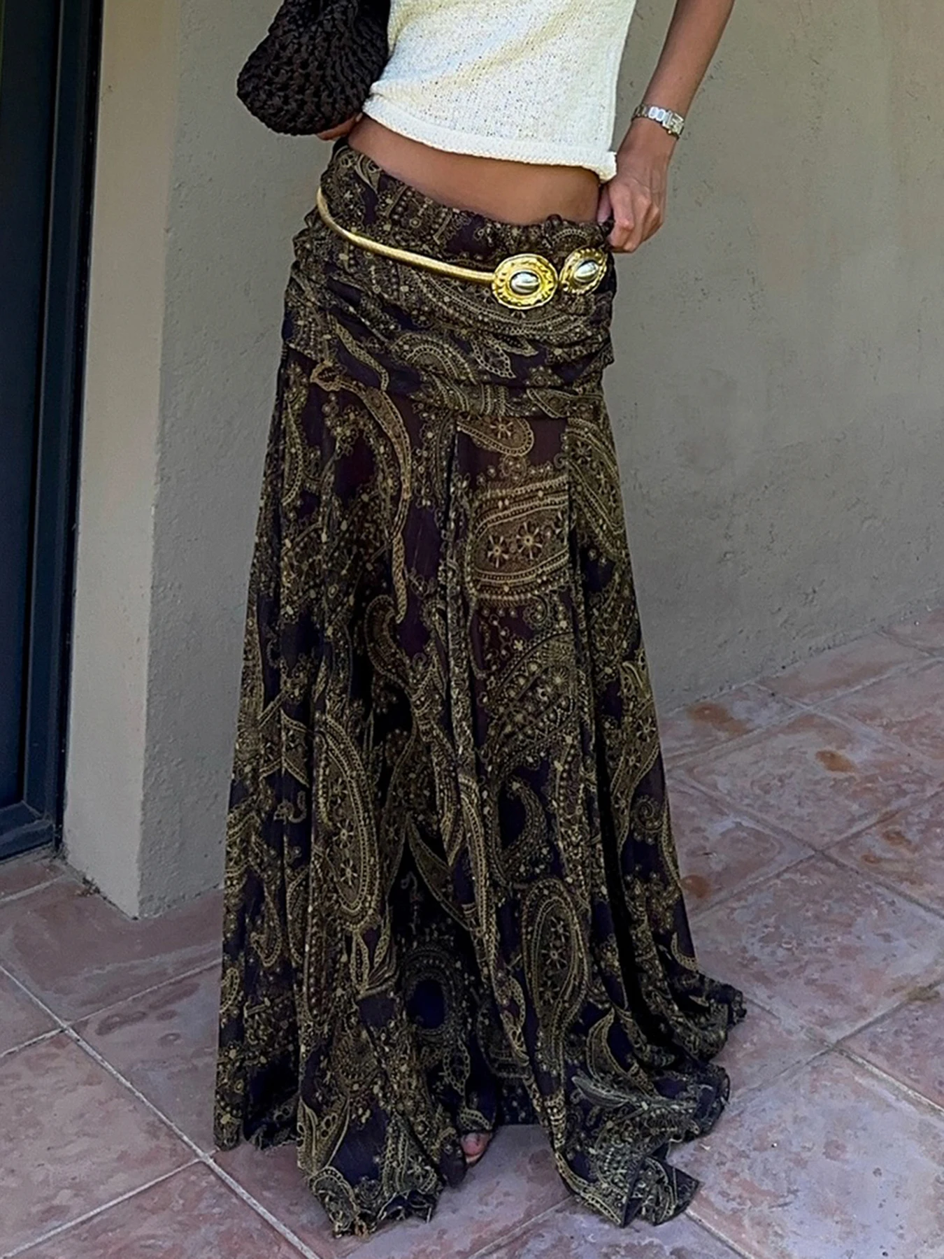 SUCHCUTE Brown vintage Print Low-Waist Skirts For Women Elegant Boho Long Skirt Grunge Fairycore Y2K Aesthetic 2000s Outfits