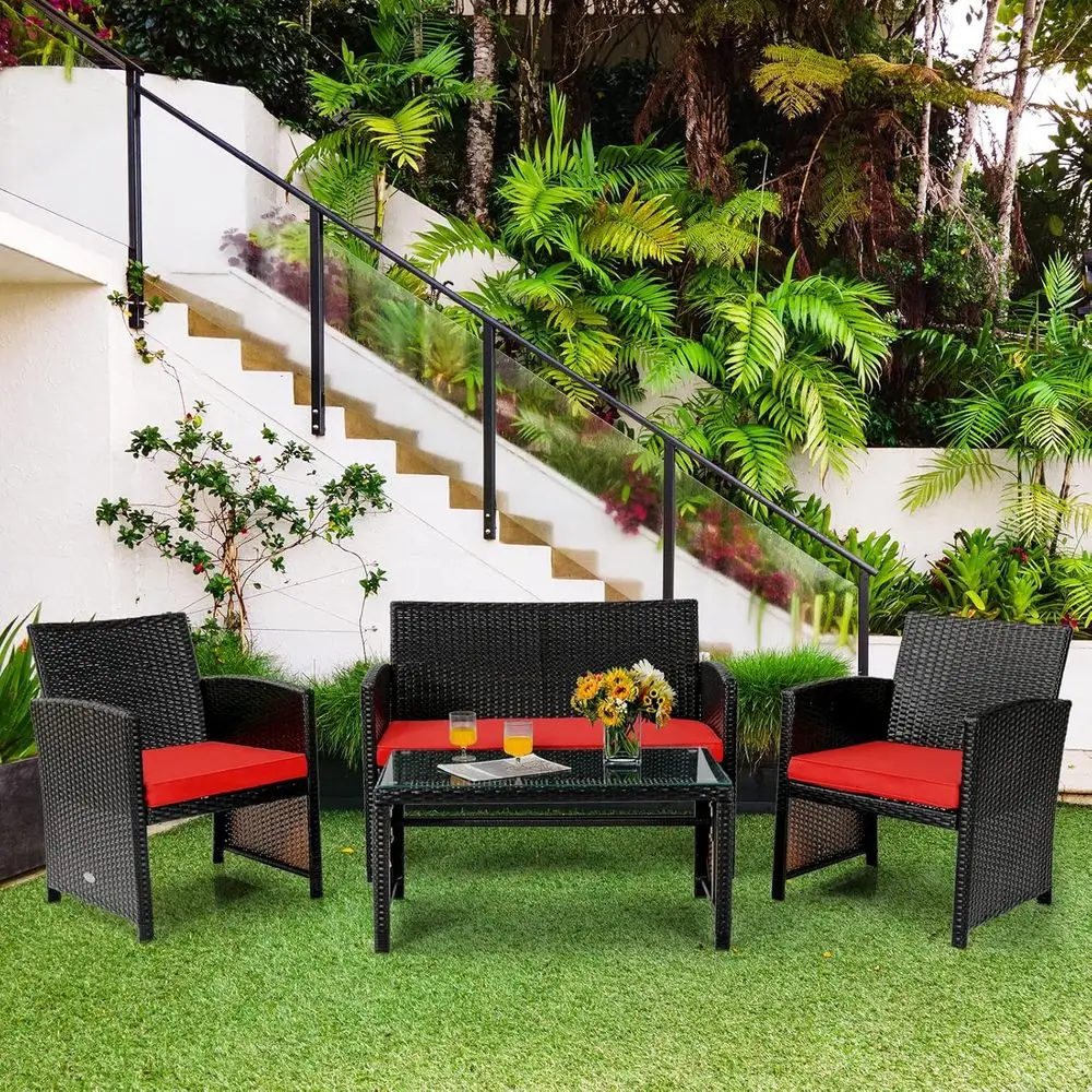 4-Piece Rattan Outdoor Furniture Set with Loveseat, Chairs, and Glass Coffee Table for Garden, Backyard, and Patio Conversation