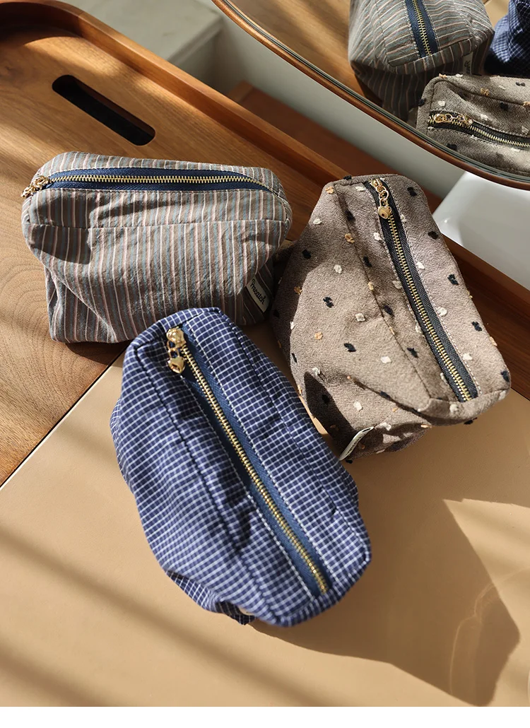 Kosmetiktasche aus kariertem Stoff mit Streifenmuster, quadratische, dreidimensionale Aufbewahrungstasche mit Reißverschluss, tragbare Reisetasche, Handtaschenfutter, Make-up-Tasche – Detail 9