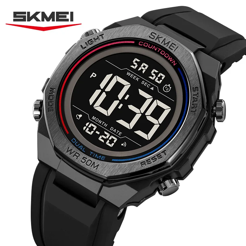 

SKMEI 2513 Мужские цифровые спортивные часы, прочный черный дизайн, силикагель-ремешок, водонепроницаемый хронограф 50 м, EL Light, многофункциональный