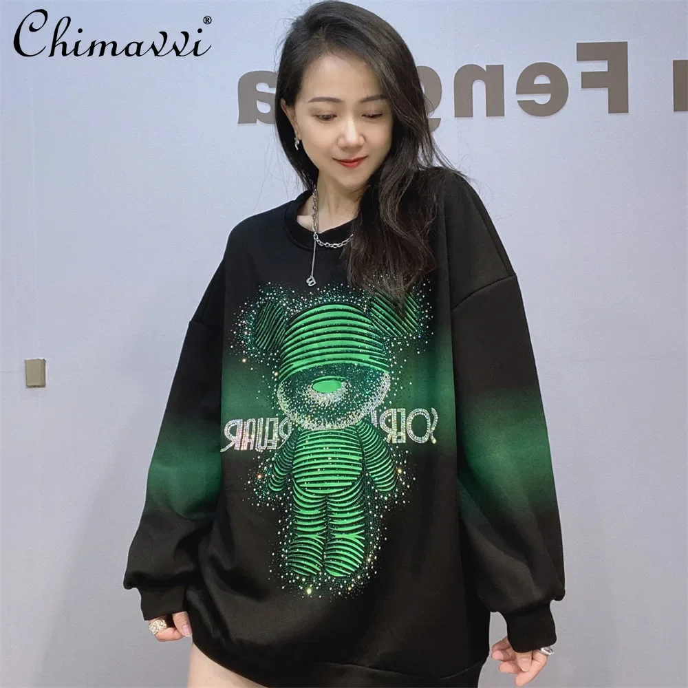 

Autumn Winter Fashion Round Neck Long-sleeved Space Cotton Sweatshirts Women European Diamond Large Size Pullover Hoodies Tops