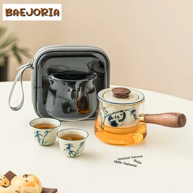 BAEJORIA Handpainted Panda Bamboo Travel Tea Set Household Glass Side Handled Teapot Set Zen 1 Pot 2 Cups Tea Maker Portable Cha
