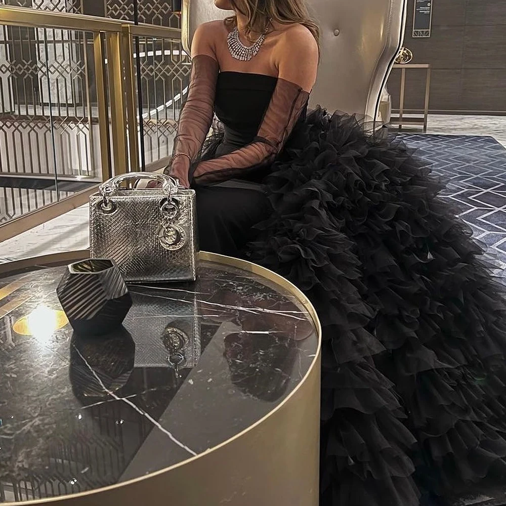 Customized Modern Jersey Straight Detachable Sleeve Feathers and Tiered Evening Dress Strapless Panel Train Black Delicate