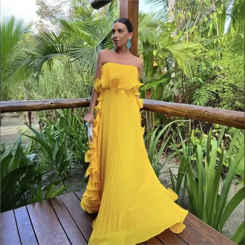

Trendy Women Summer Holiday Dress Orange Pleated Chiffon Long Formal Dresses Custom Made Ruffled Strapless Beach Party Dress