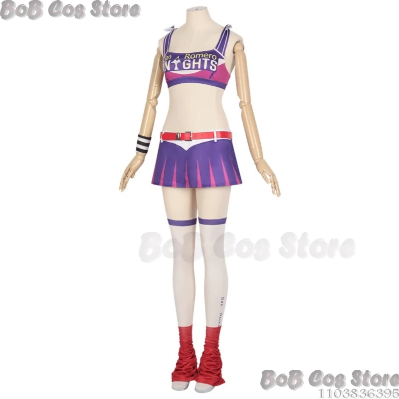 Juliett Cosplay Costume pour femme, Lolliipopp Game Chainsaw Prop, Perruque blonde, Uniforme sexy Battle Cheering Squad, Robe violette d'Halloween