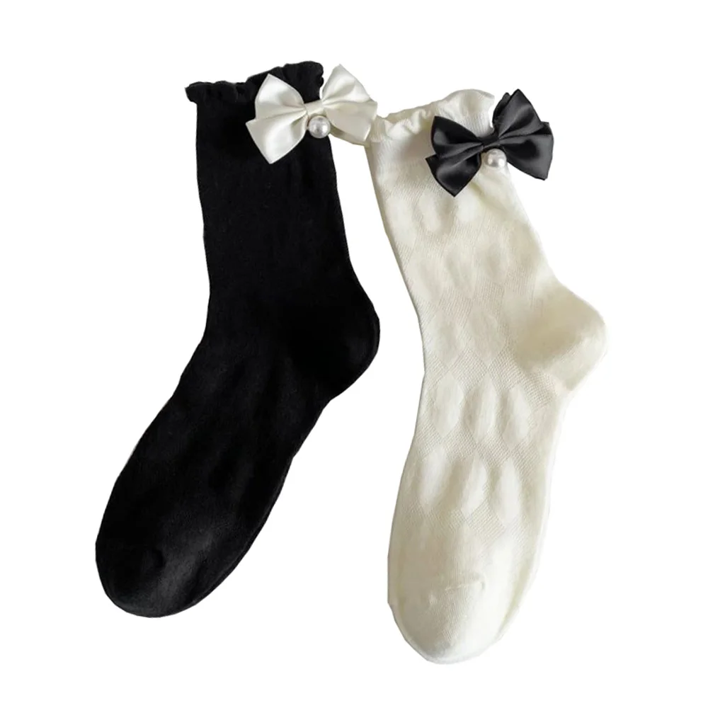 

2 Pair Spring Summer Thin Mesh Breathable Socks Women Bow Knot Pearl Accessories Socks Lady Fashion Sexy Black Whit Silk Socks