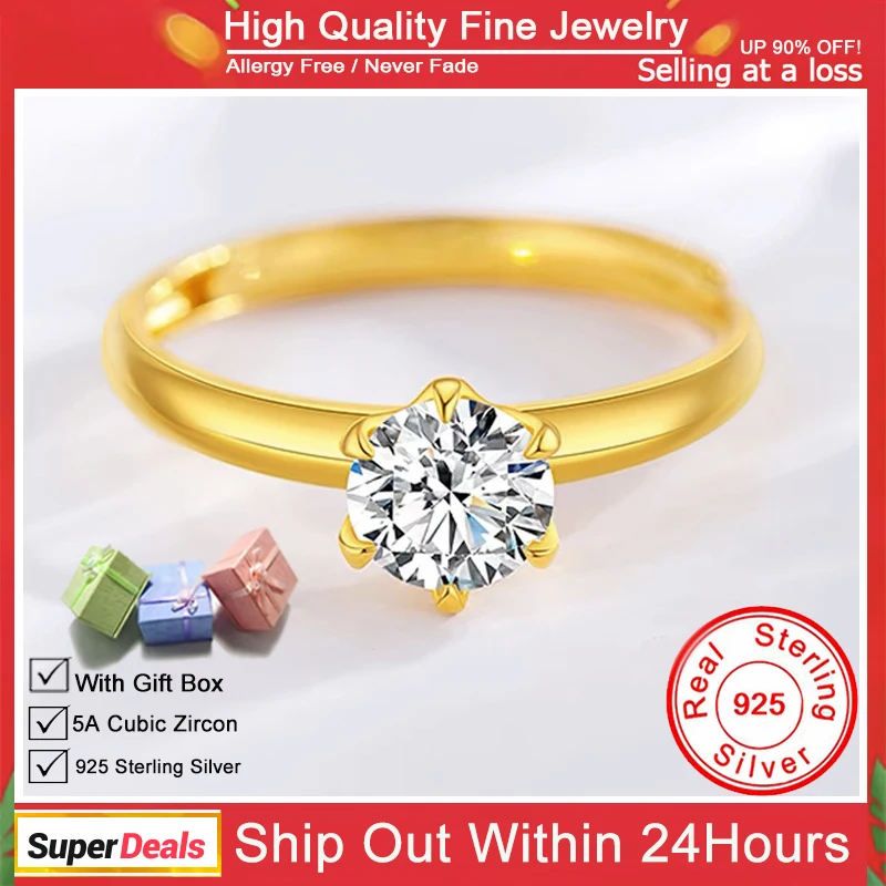 

YHAMNI Luxury 925 Sterling Silver Gold Plating Ring With Round Single 1ct Zirconia Engagement Wedding Band Jewelry Gift