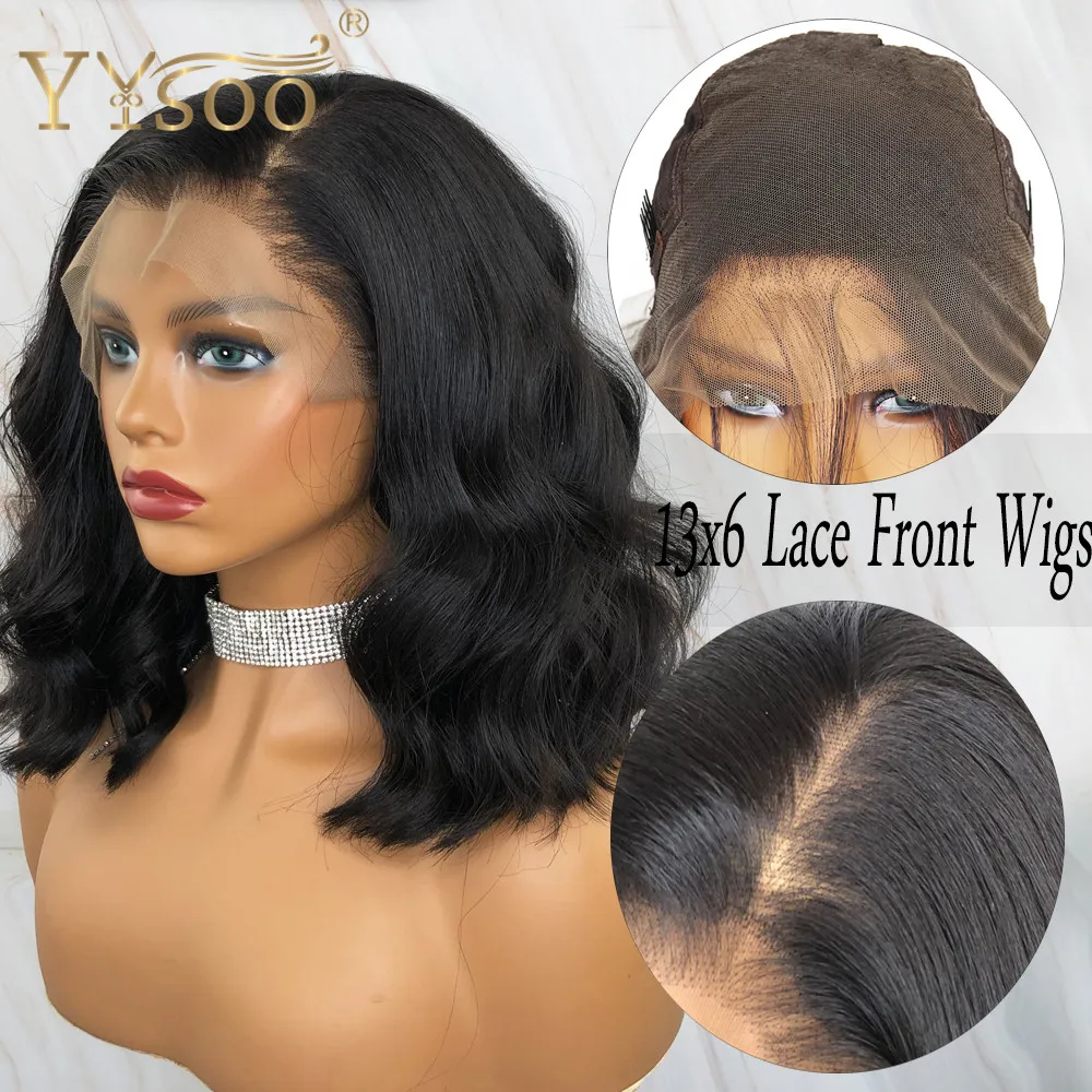 

YYsoo Short Black Futura Synthetic Hair 13x6 Glueless Lace Front Wig Side Part Body Wave Black Wigs For Women 6inch Deep Parting