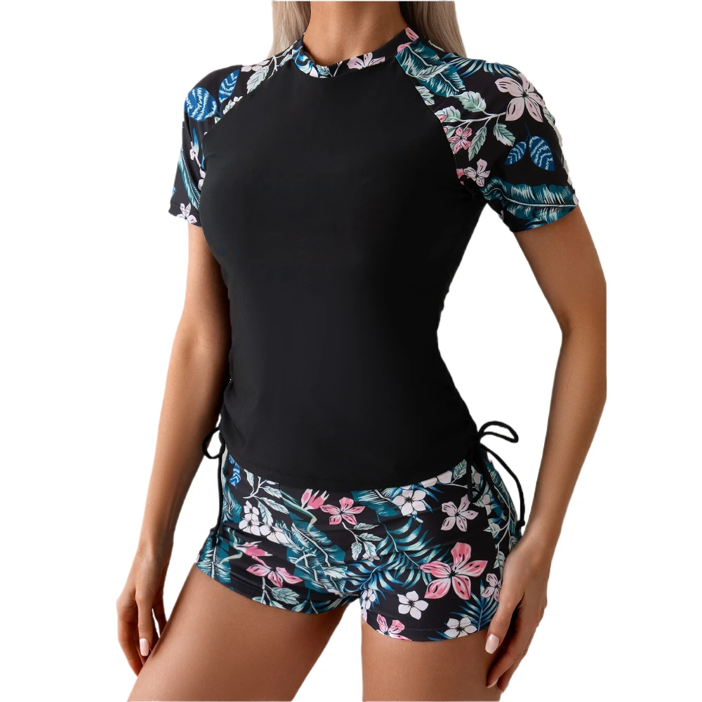 

Модный женский купальник из двух частей с рукавами на завязках и шортами с принтом, комплект бикини