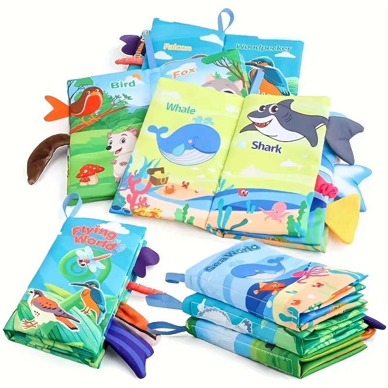Libri di stoffa Giocattoli Giocattoli sensoriali, libri morbidi in crêpe di stoffa Giocattoli per il tempo propenso del bambino, Giocattoli per passeggino Animali volanti della foresta dell'oceano