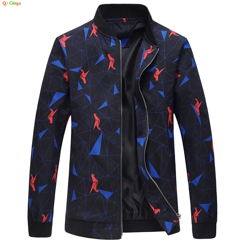 Men's Baseball Collar Printed Jacket, Casual Coat, Black Tops, Zipper Switch Outerwear, Spring, Autumn Fashion, M-6XL