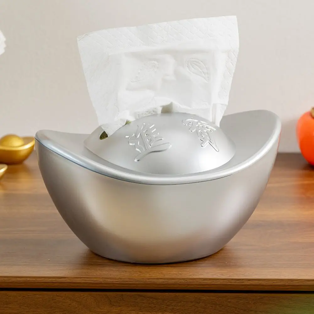 Yuan Bao Shape Ingot Yuan Bao Tissue Box Feng Shui Decor Decorative Desktop Tissue Holder Silver/Gold Easy Access Tissue Case