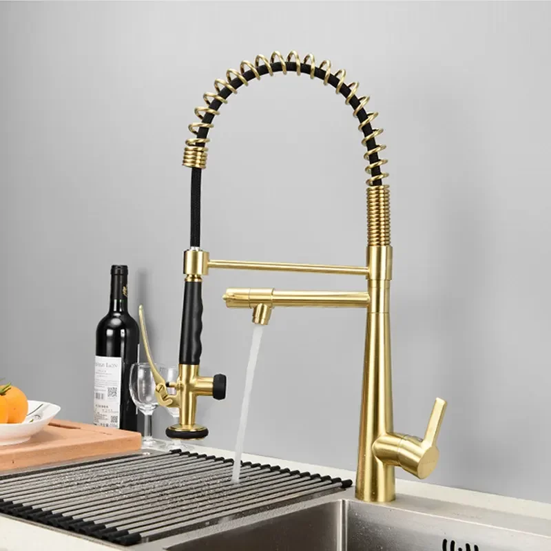 

Hot and Cold Brushed Gold Spring Single Handle Brass Kitchen sink Faucet with Pull Down Sprayer and Pot Filler