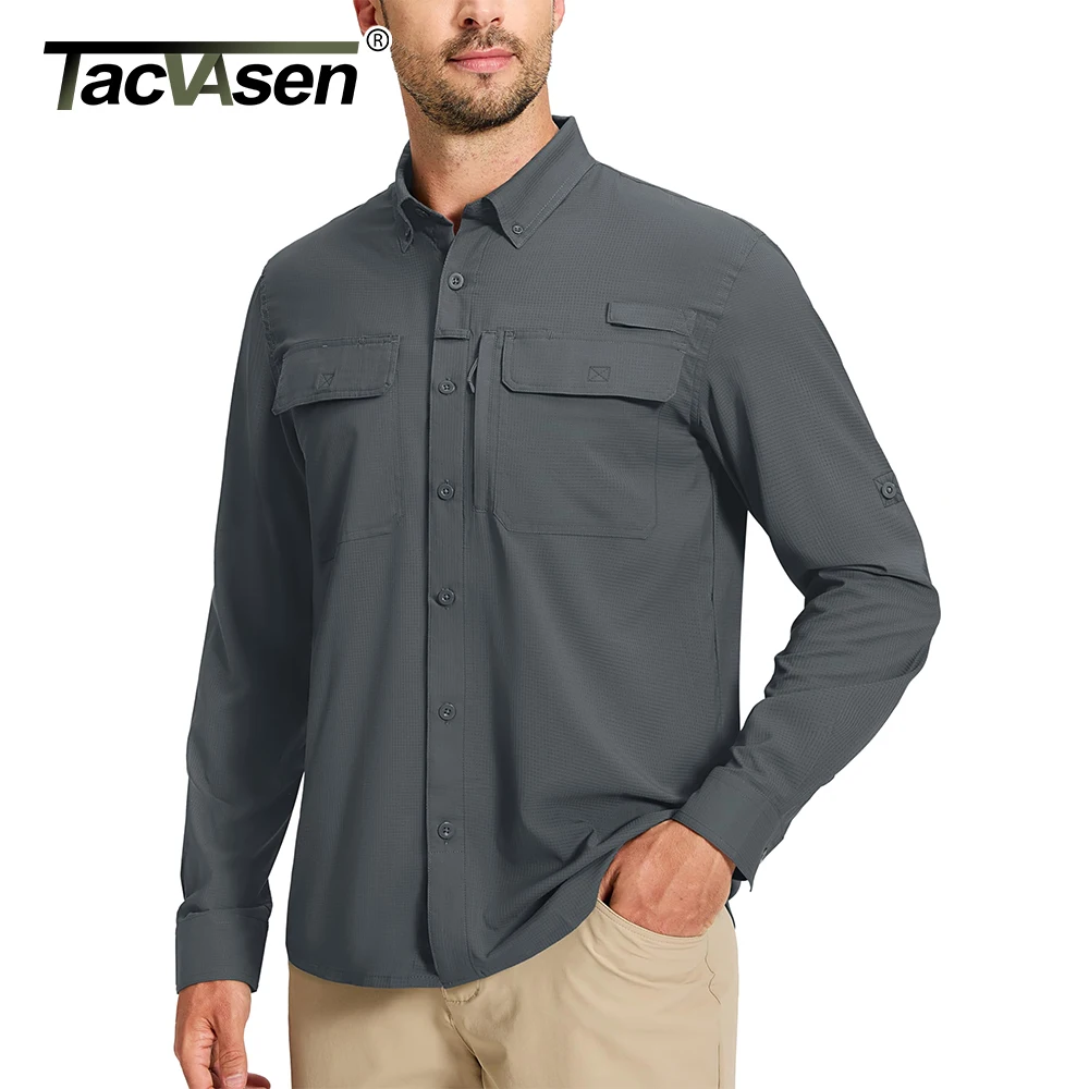 TACVASEN Fishing Shirts Men\'s Quick Dry Long Sleeve Chest Pocket Mesh Breathable Hiking Work Cargo Shirts UPF 50+ Sun Protection