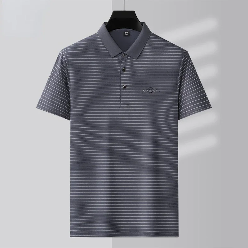 Jacquard Summer Men's Polo Shirts High Quality Short Sleeve Diamonds Mercerization Stiped Business Casual Male Tees