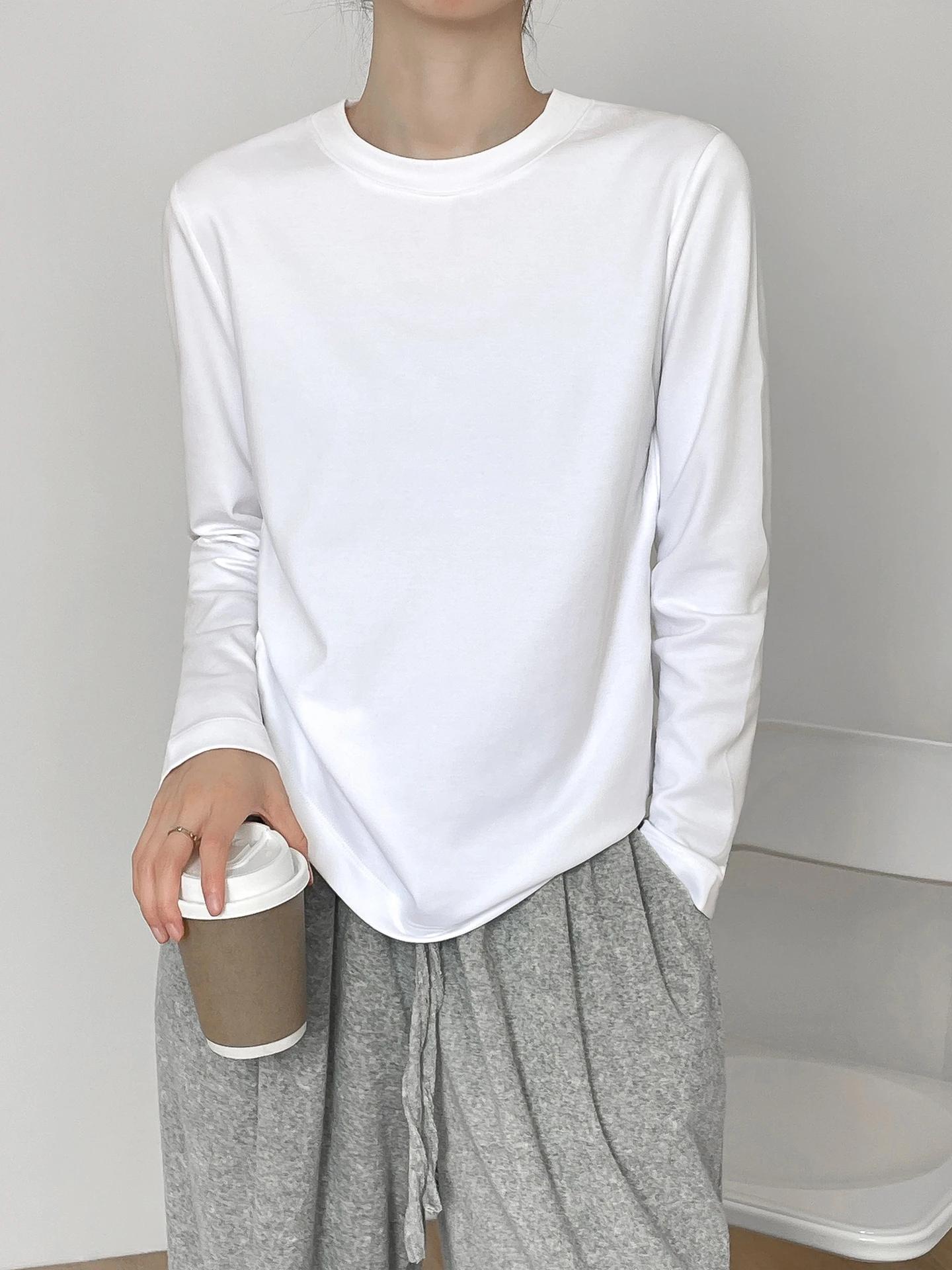 

mat White Pure Cotton Long Sve T-irt Women's Loose oulder Small round Ne Base Layer irt Casual Top