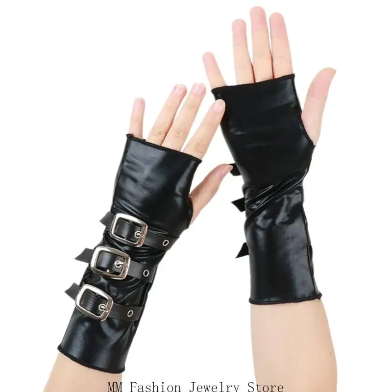D0UB PU-leren feesthandschoenen met metalen sluiting en decoratieve armmouwen voor damesmeisjesconcerten en nachtevenementen