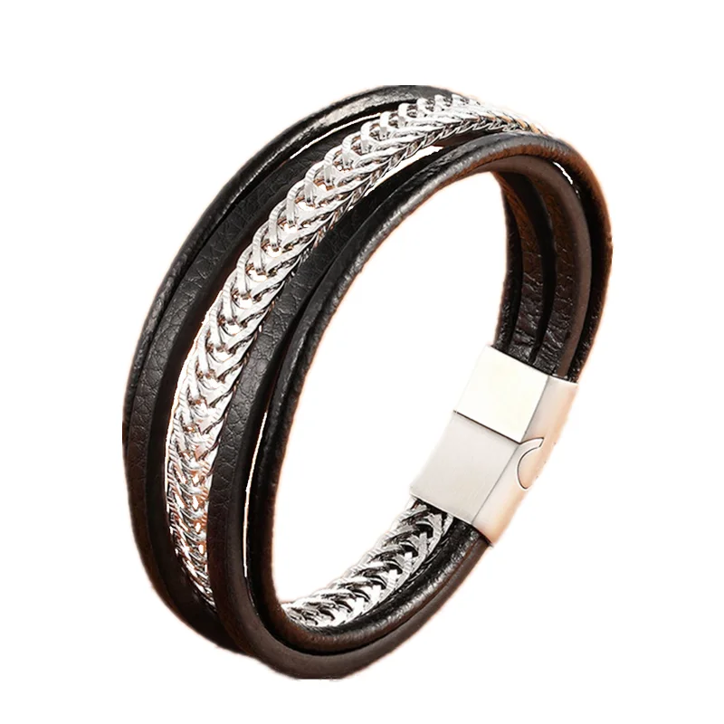 Fashion Geometrically Irregular Graphics Stainless Steel Genuine Leather Bracelet Black Color Accessories Chain Jewelry For Men