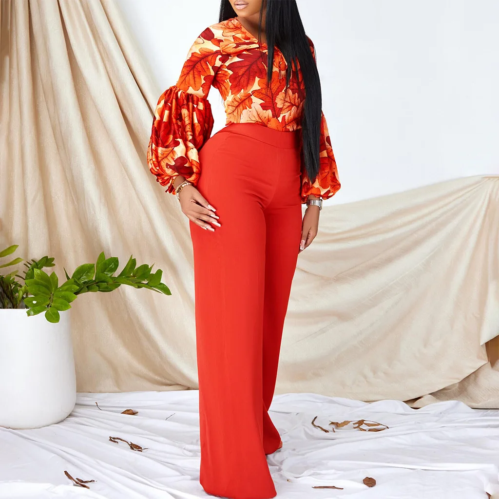 Women's Suit Large Women's New Fashion Print Strap Top Fashion Long-sleeve Woman Blouse 2024  Wide Leg Pants Two Piece Set image 2