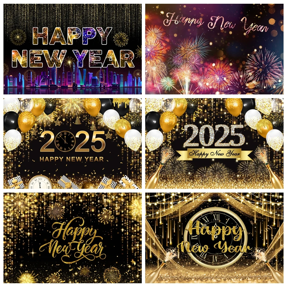 

2025 Happy New Year Backdrop for Photography Fireworks Clocks Champagne Gold Balloons Family Party Decor Photo Background Props