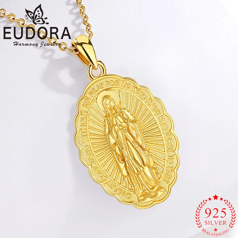

Eudora 925 Sterling Silver Virgin Mary Necklace 18K Gold Cross Sacred Heart Medallion Pendant Religious Amulet Men Women Jewelry