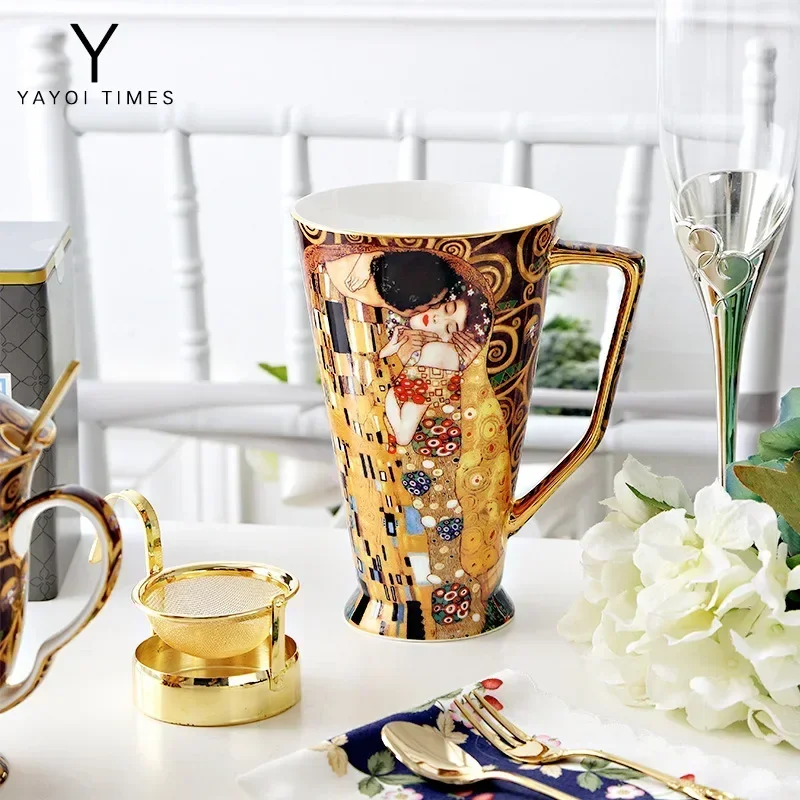 Klimt Kiss Porcelian Mugs Coffee Cups With Spoon Gustav klimt Bone china Tea Cup Wedding Birthday Gifts Home Office Drinkware