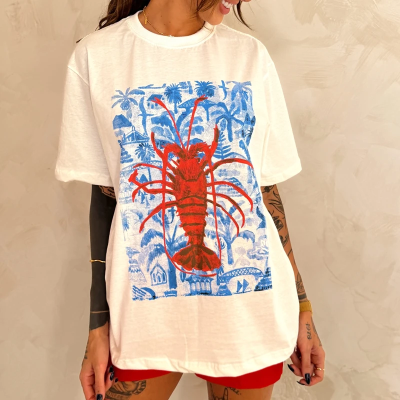 2026 Women Cute Graphic Oversized Tee Fish Lobster Sea Floral Fruit Printed Y2K Baggy T Shirts Teen Girls Preppy Coastal Clothes