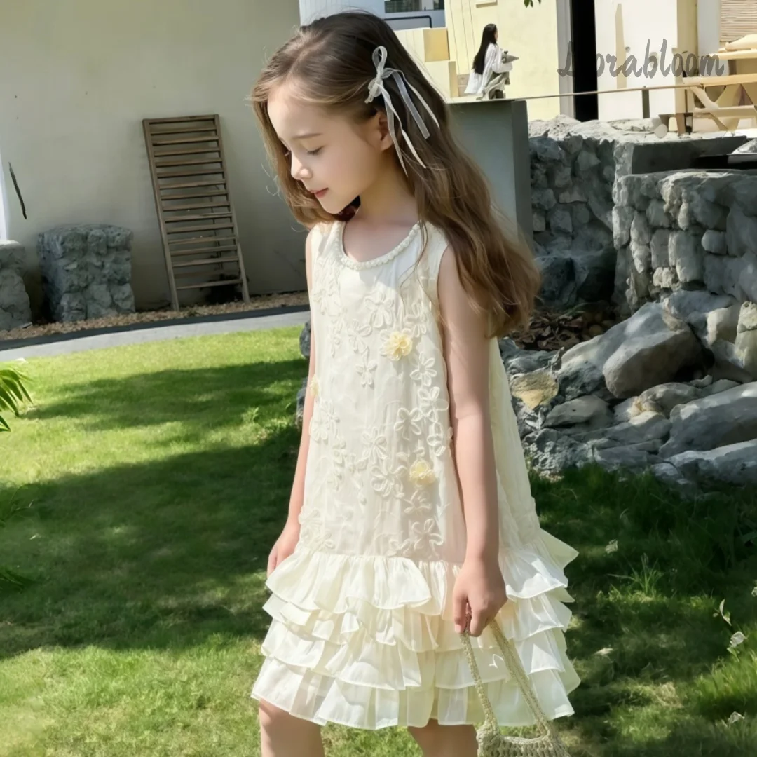 

Girls' Lace-Hem Formal Dress Layered Skirt Design Flower Girl Dress Wedding Attire Girls' Formal Wear Party Dress Princess Dress