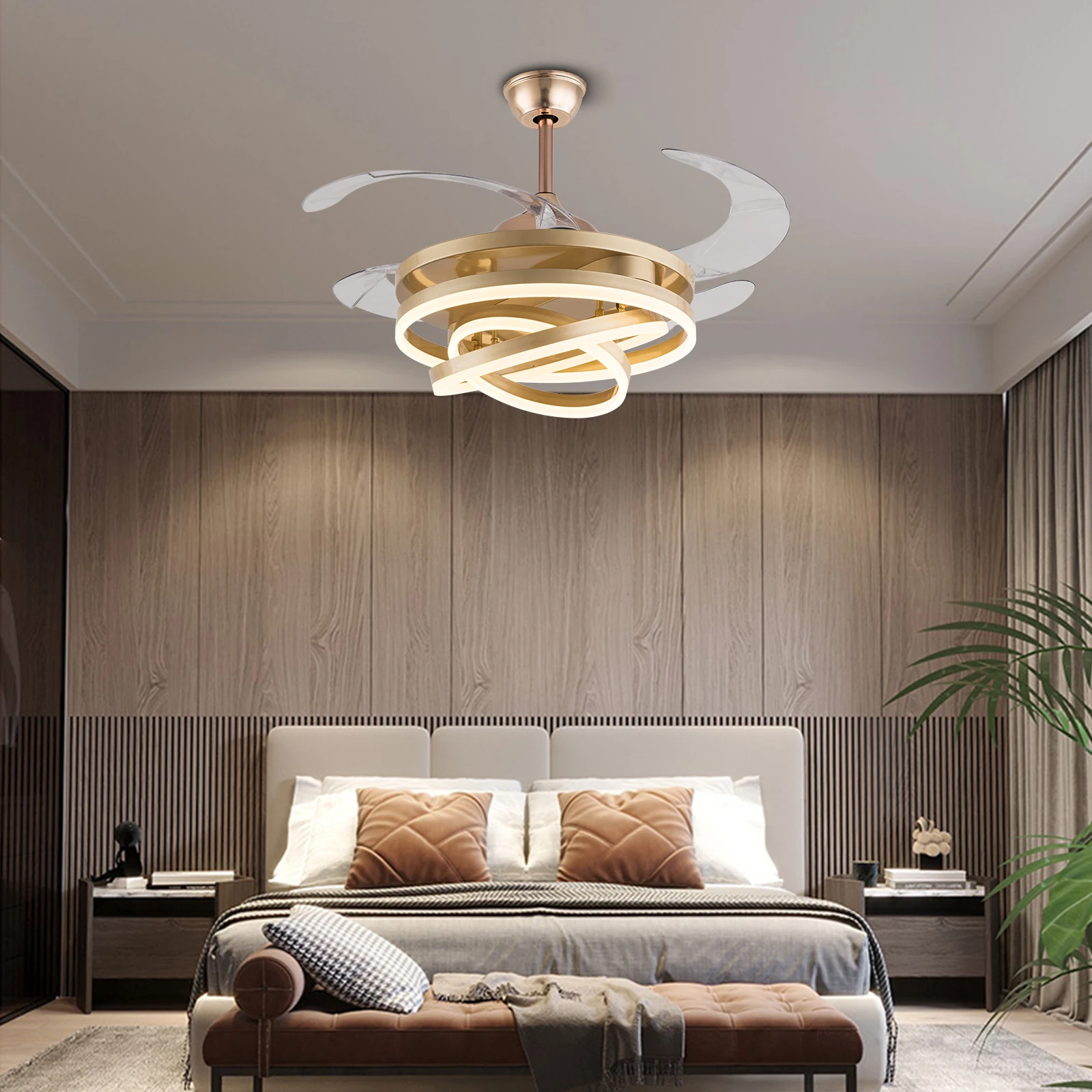 42" Modern Gold Chandelier Ceiling Fan Light Invisible Dimmable Blade LED with Remote Control for Living Room Bedroom Foyer