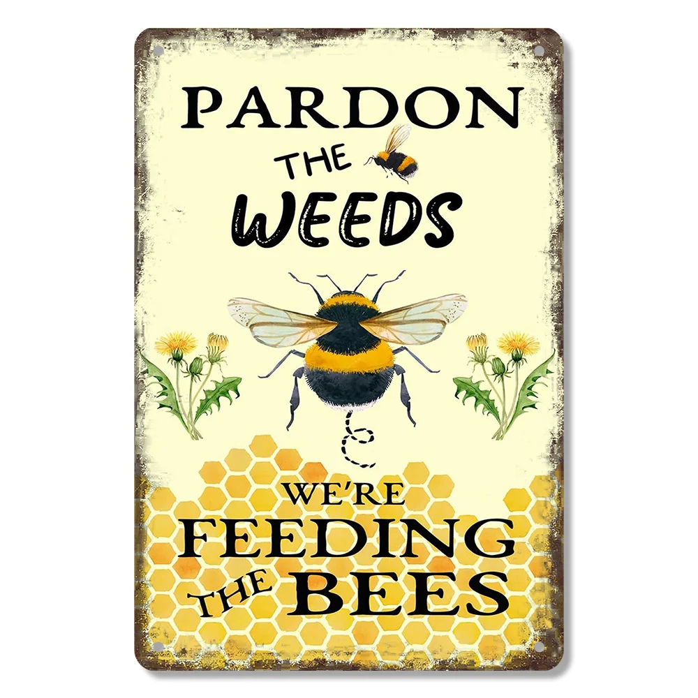 

1pc Bee-Themed Double-Sided Iron Garden Flag, 8x12 inches, Pardon The Weeds - We're Feeding The Bees, Outdoor Yard Decor