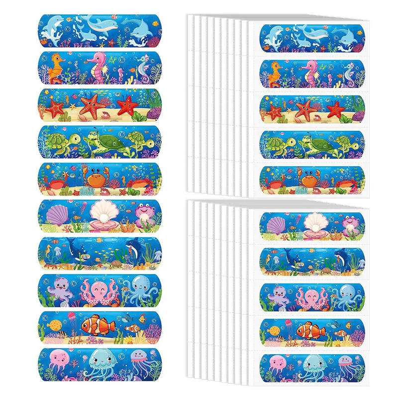 Tiras adhesivas de vendaje para primeros auxilios, cintas de vendaje de heridas Kawaii, estampados de peces marinos de dibujos animados, 50 unids/set