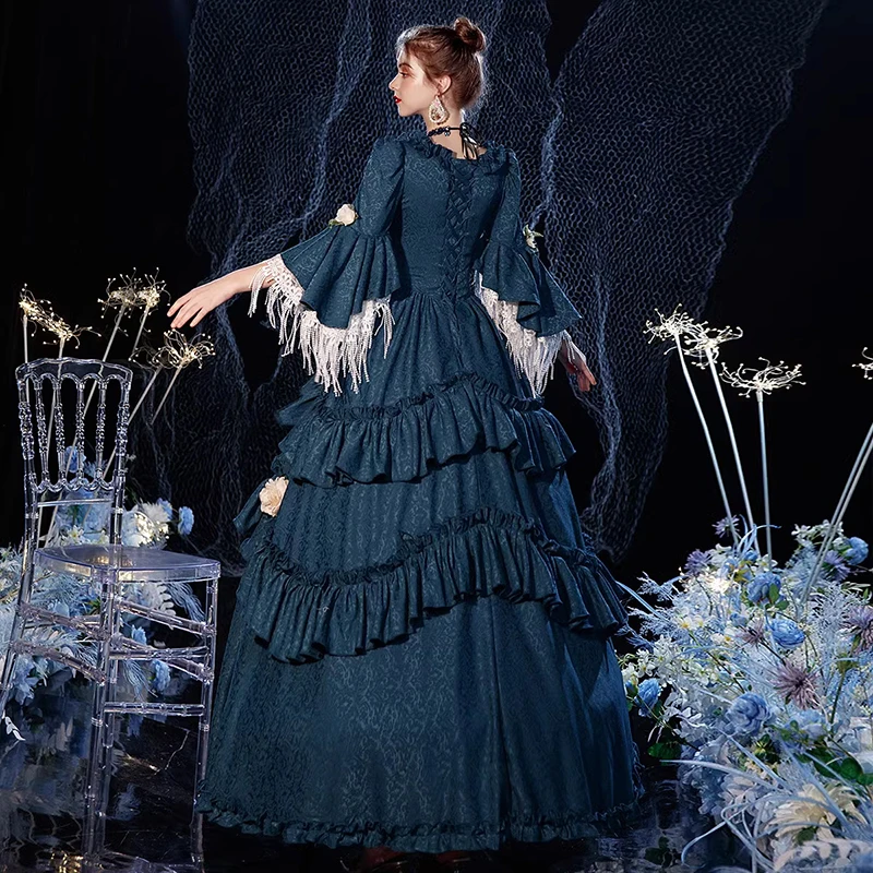 AnXin SH princess deep green satin rose flower performance sweetheart long flare sleeve party lace up customized Prom Dresses