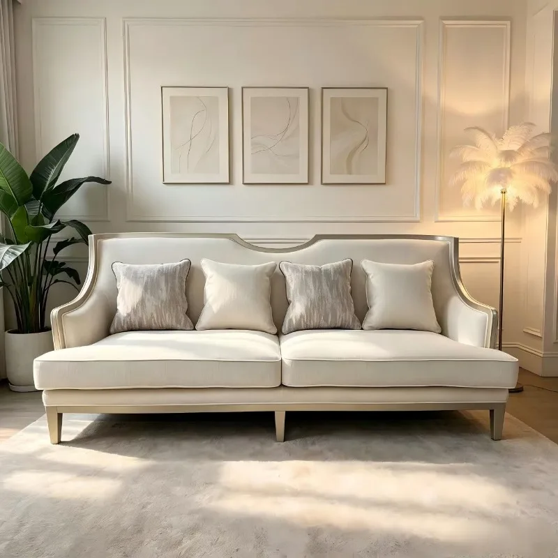 Modern simple American light luxury solid wood fabric sofa, champagne gold and silver living room furniture Foshan Shunde