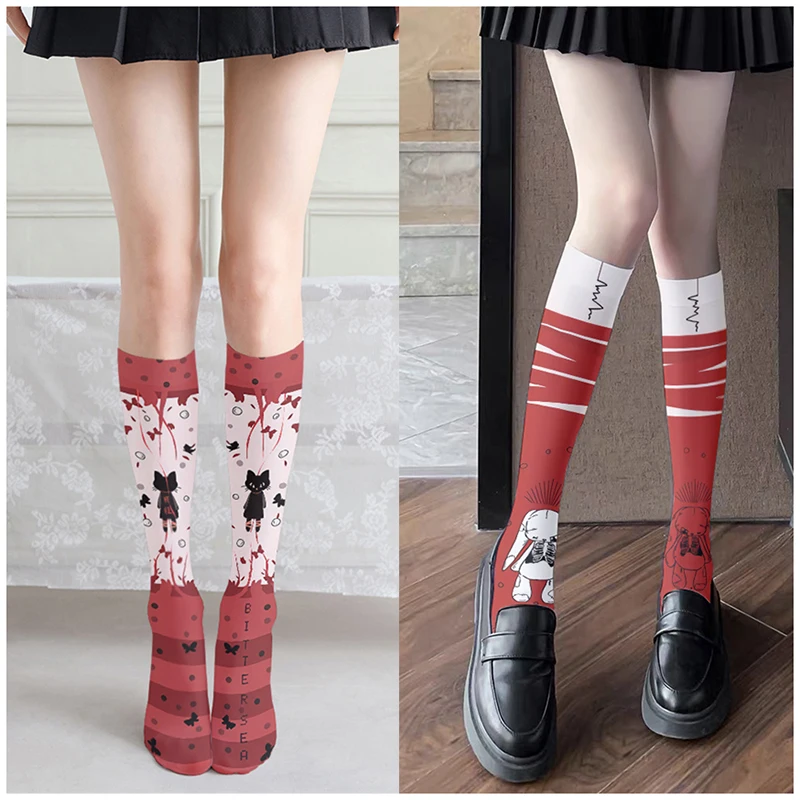 Summer Thin Socks Japanese Two-dimensional Stockings For Women Cute Cat Print Fashion Casual Knee-Iength Silk Calf Socks