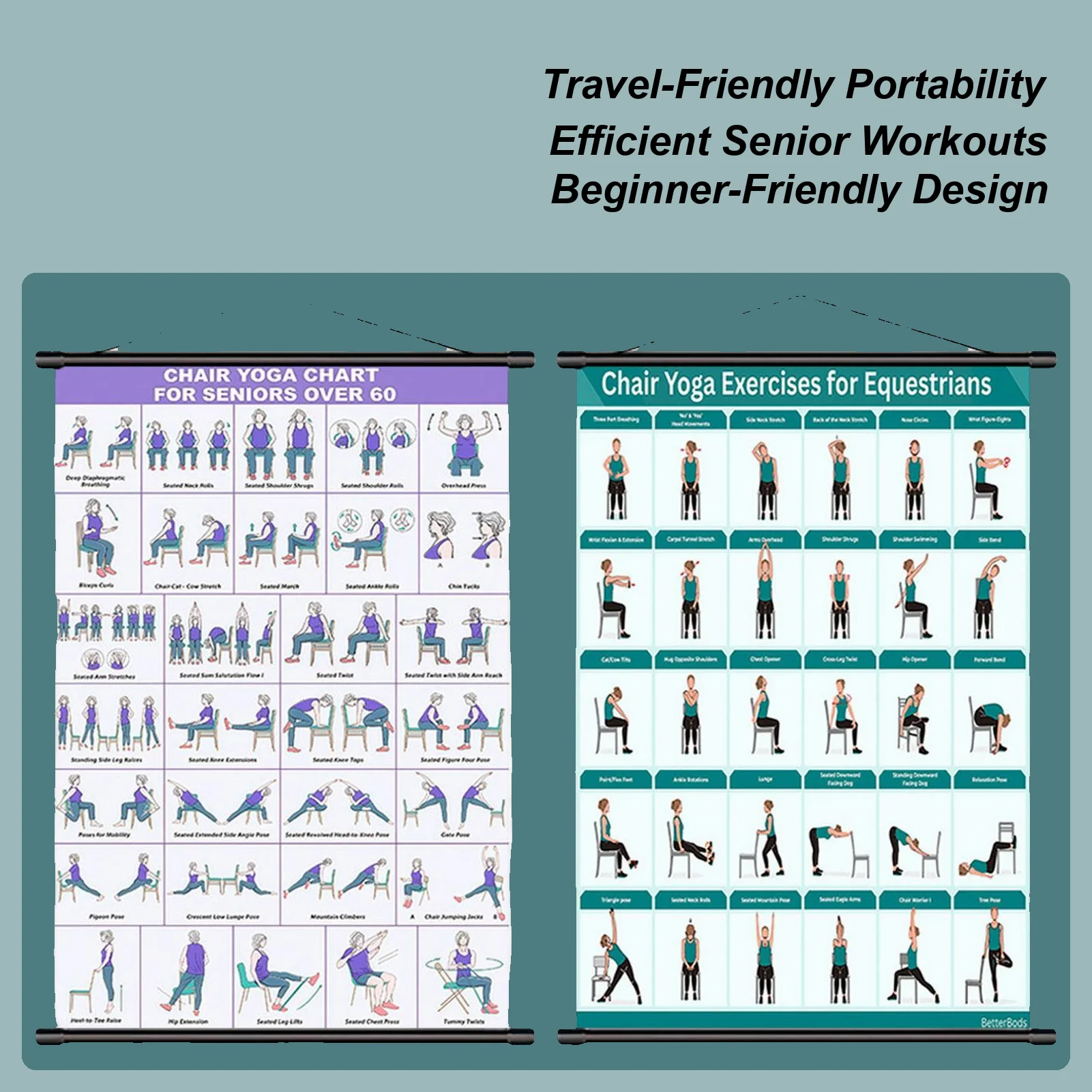 Chair Yoga Poses Chart, Foldable Exercise Poster with Multiple Poses, Home Office Fitness Guide for Stretching Mobility Training