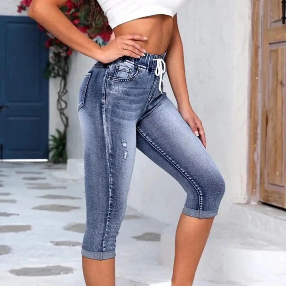 

Women Cropped Jeans Elastic High Waist Drawstring Gradient Pockets Slim Fit Butt-lifted Ripped Calf-length Colorfast Women Pants