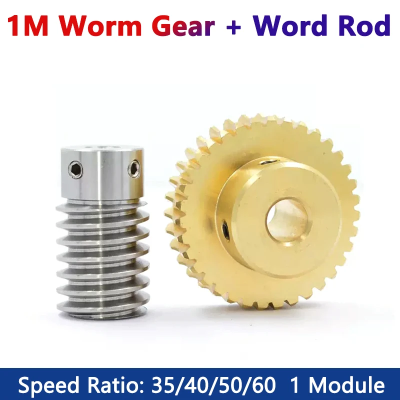 

1 Set 1M Turbine Worm Gear with Worm Rod 1 Module 35 40 50 60 Teeth Brass Gear 45# Steel Worm Rod Drive Ratio 1:35/40/50/60